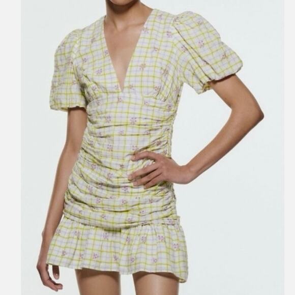 New STUNNING V-neck dress with short puff sleeves Green CHECKED DRESS purple szL - Picture 1 of 6